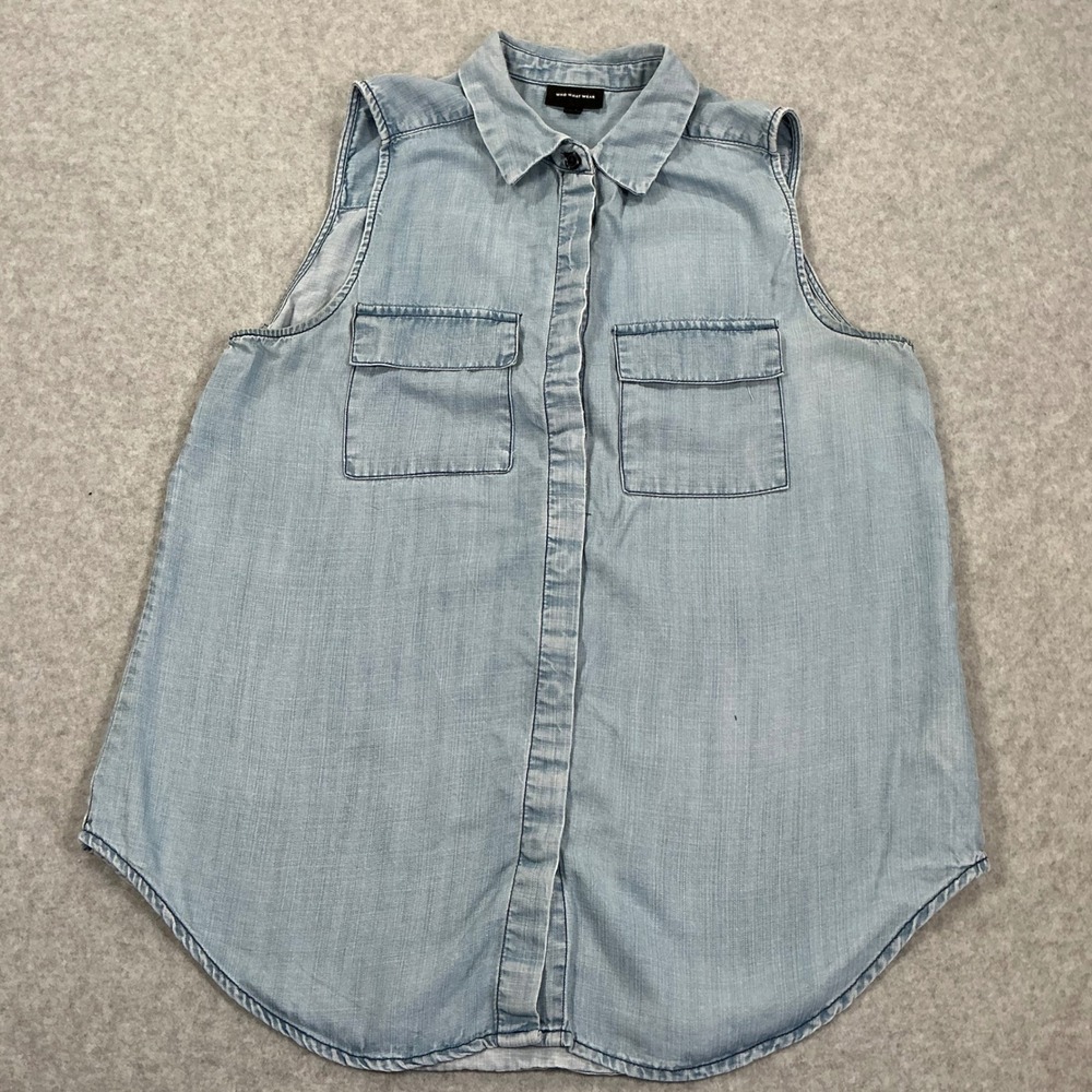 Who What Wear Womens Sleeveless Chambray Button Down Top Blue Lyocell Small 1597